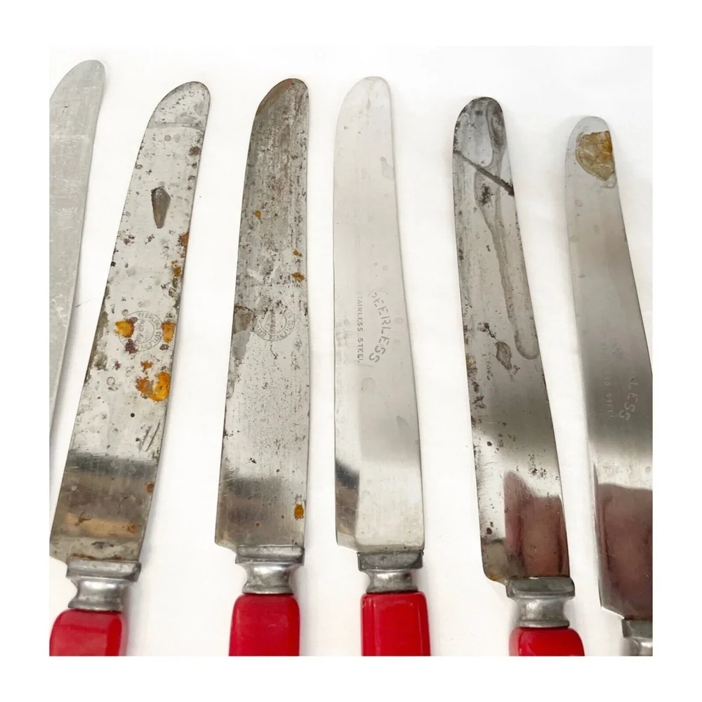 Peerless Stainless Steel Lot of 25 Dinner Knives, Forks, Soup Spoon Red Handle